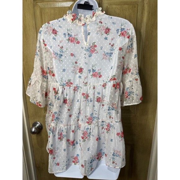 Everleigh Women’s Floral Ruffled Babydoll Ruffled Sleeve Top Cottage M Sheer - Picture 2 of 6